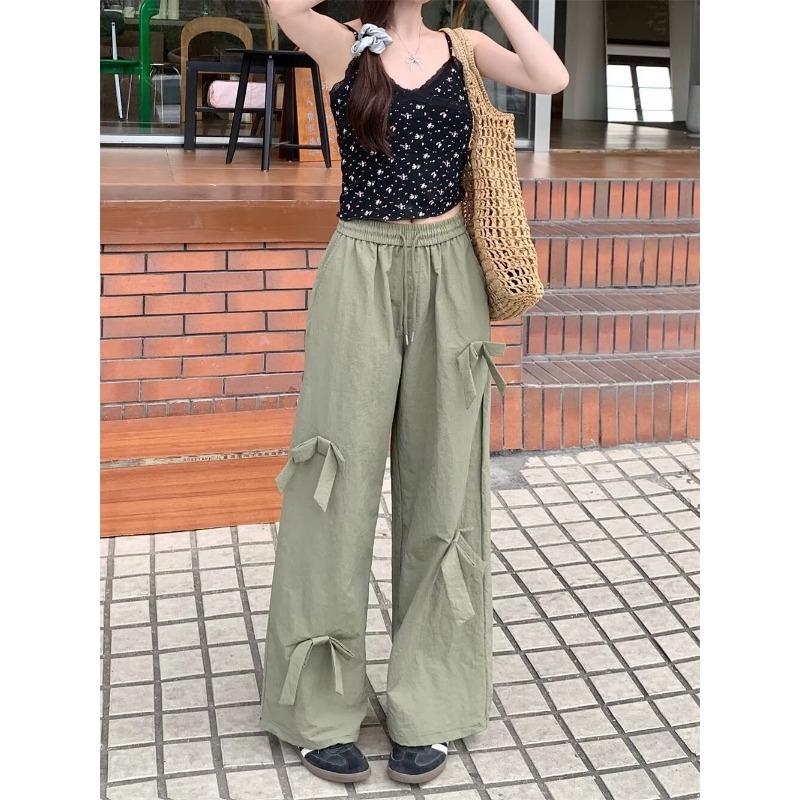 Updated Summer High-waisted Work Pants for Women Quick-drying Slimming Relaxed Fit Drawstring Straight American Three-dimensional Bow Active Pants S