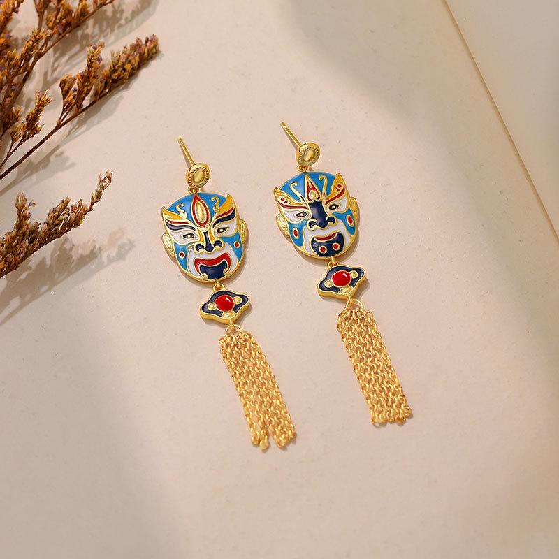 925 Sterling Silver Peking Opera Mask Stud Earrings – Chinese Style for Girls Electroplated Gold