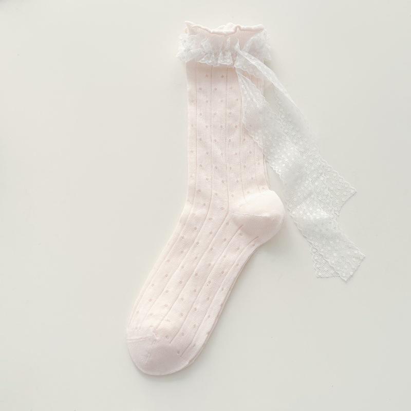 Female Summer Thin Heel Bow Mesh Breathable Sweet Lace Lace Boneless Tube Stack Socks