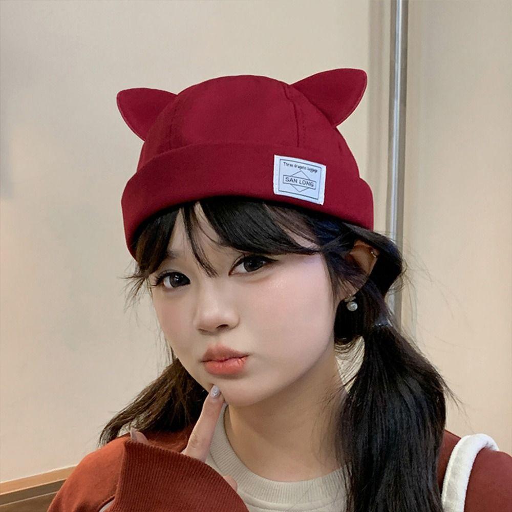Solid Color Cat Ears Landlord Hat Adjustable Docker Cap Casual Melon Skin Hat  Spring Summer