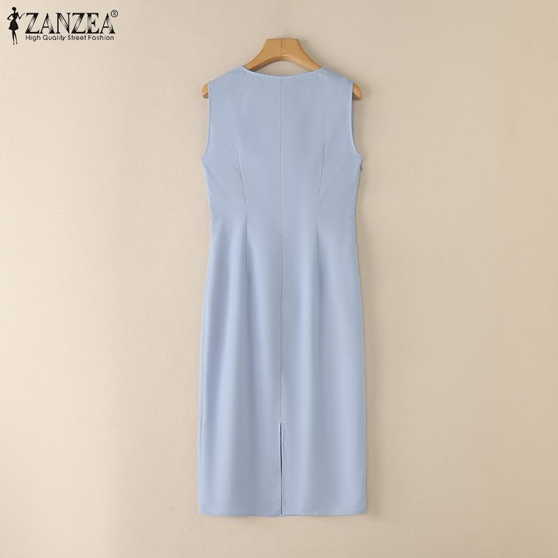 ZANZEA Vestido de Vaina Casual de Verano sin Mangas con Cuello en V para Mujer