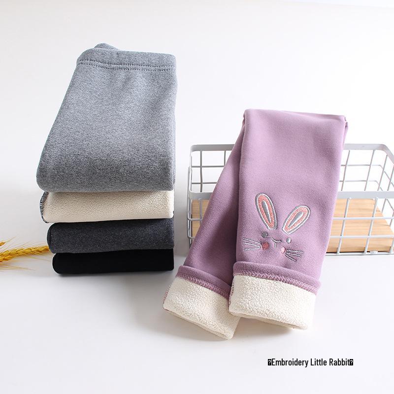 Girls' Winter Fleece-Lined Cotton Leggings with Rabbit Embroidery