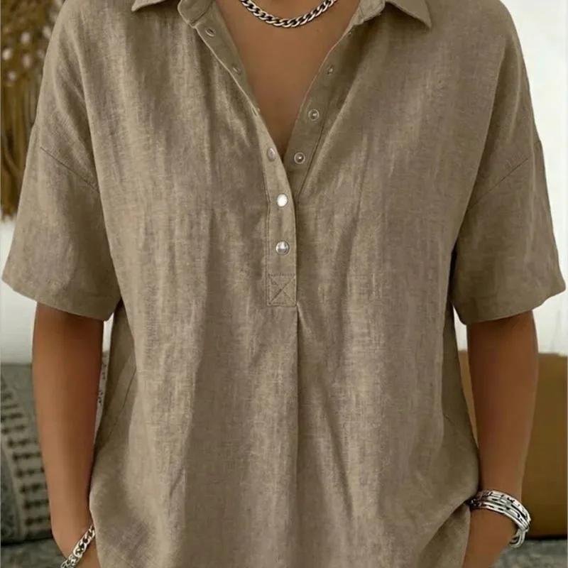 Fashion Casual Loose Shirts Tops Summer Women's Lapel Short-Sleeve Solid Shirt Elegant V Neck Office Holiday Party Shirts