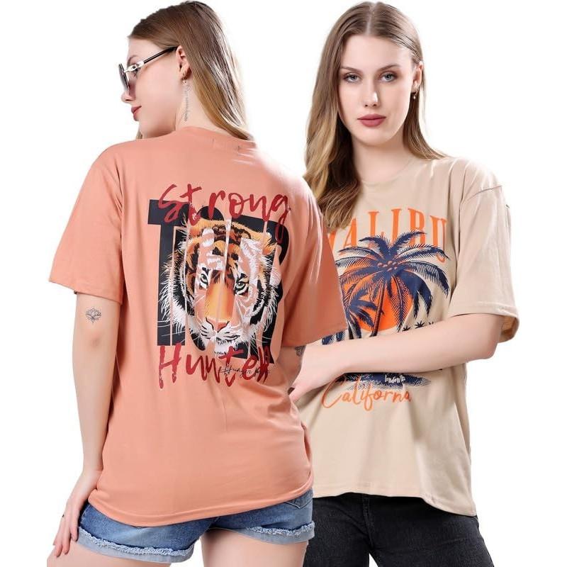 Women’s Loose Fit Graphic Printed Breathable Summer Oversized T-shirt Combo of 2