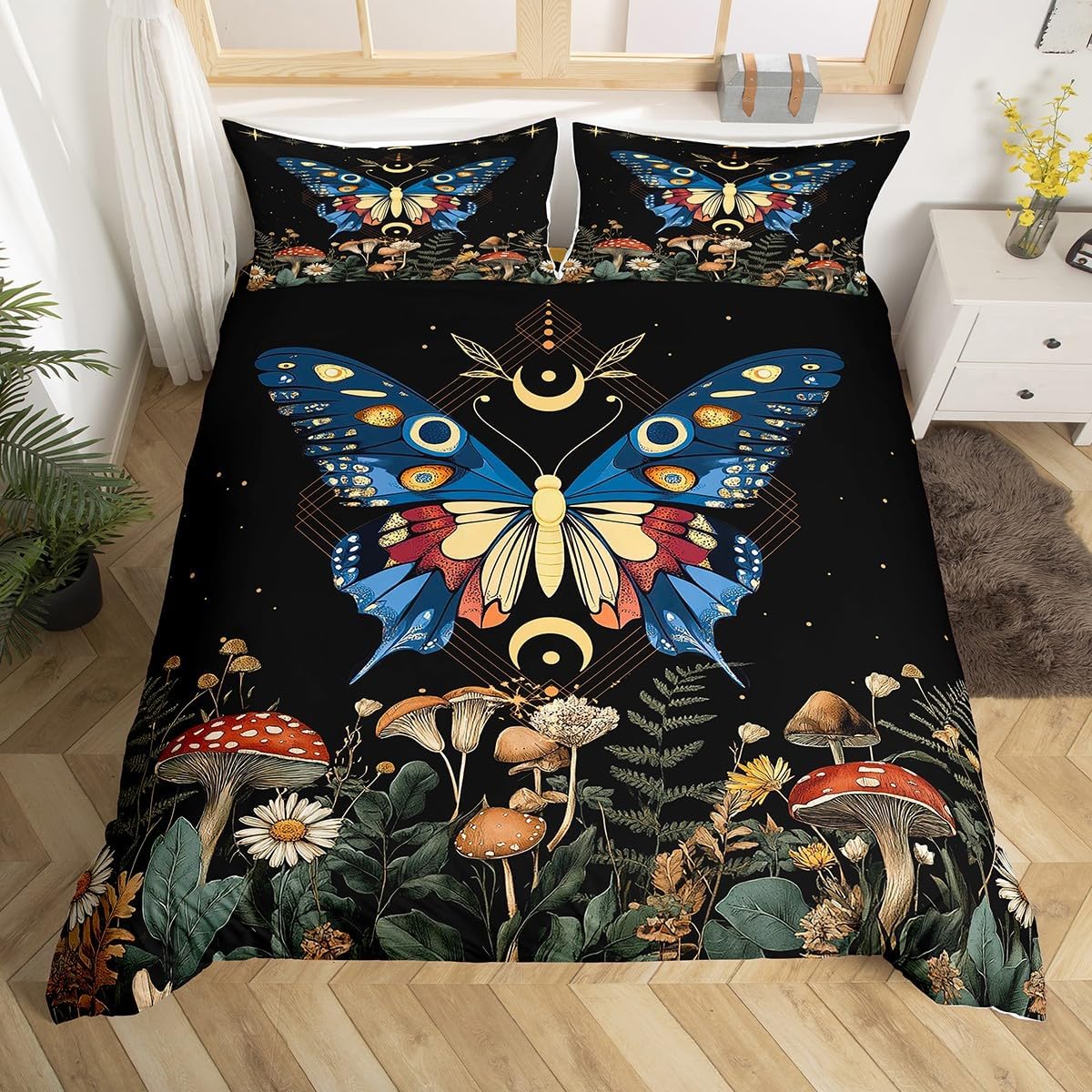Boho Butterfly Duvet Cover Twin KingStar Moon Starry Sky Galaxy Bedding Set for Boy GirlCute Mushroom Daisy Flower Quilt Cover EU Single(135*200cm)3pcs