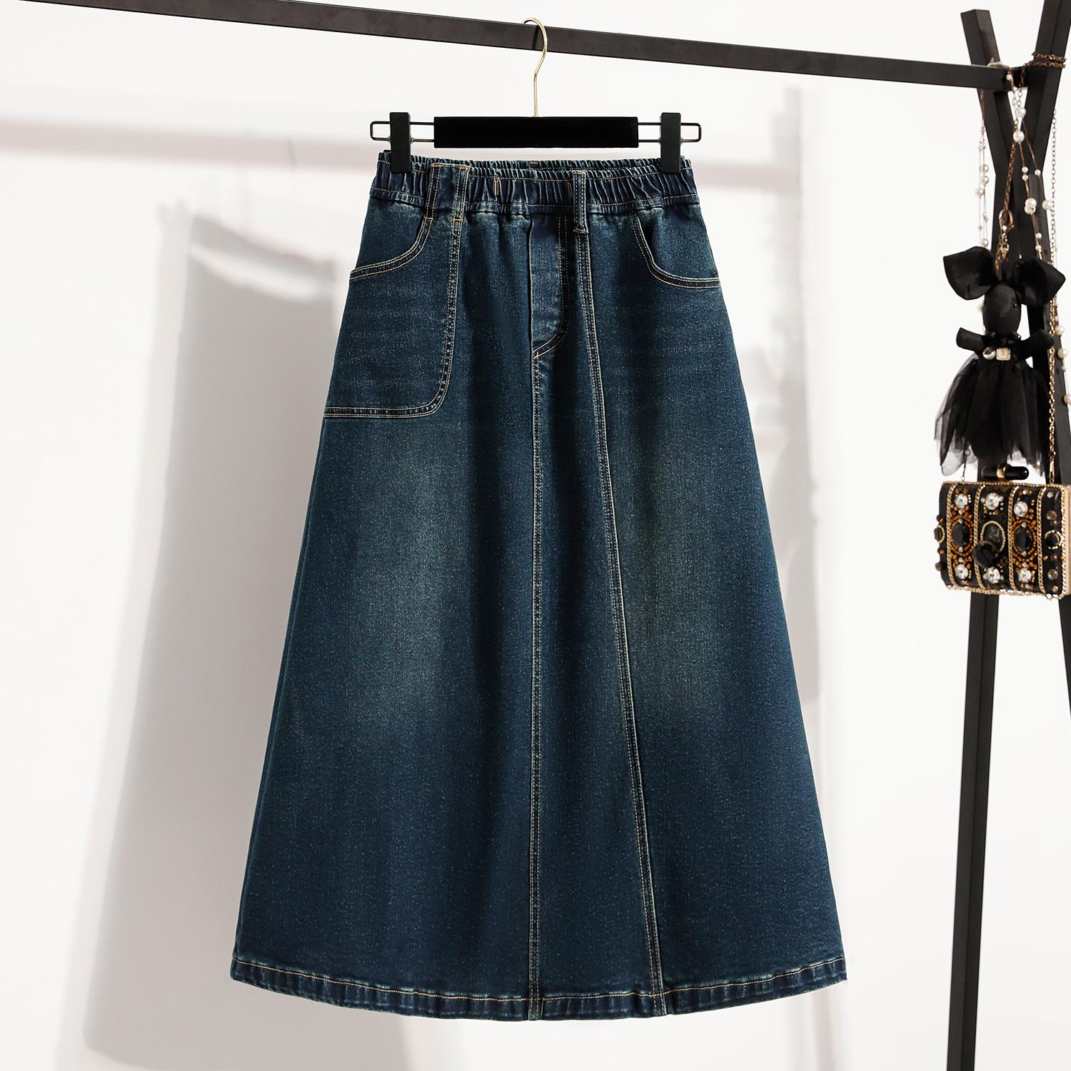 

DIMANAF 2025 Летние эластичные джинсовые юбки больших размеров для женщин, А-силуэта, модная свободная юбка с высокой талией, винтажный стиль 5XL синий