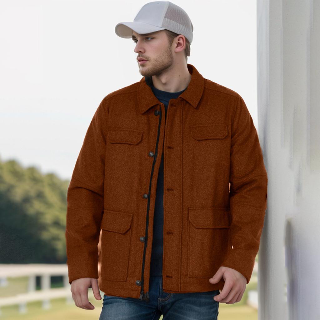 Men's Solid Color Lapel Zipper Single Breasted Jacket Casual Daily Large Pocket Long Sleeve Coat