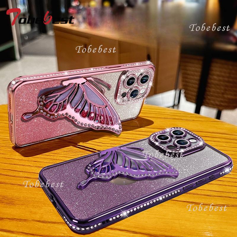 Diamond Glitter Magsafe Phone Case For iPhone 16 16E 11 14 13 12 15 Pro Max Butterfly Magnetic Holder Stand Soft Cover