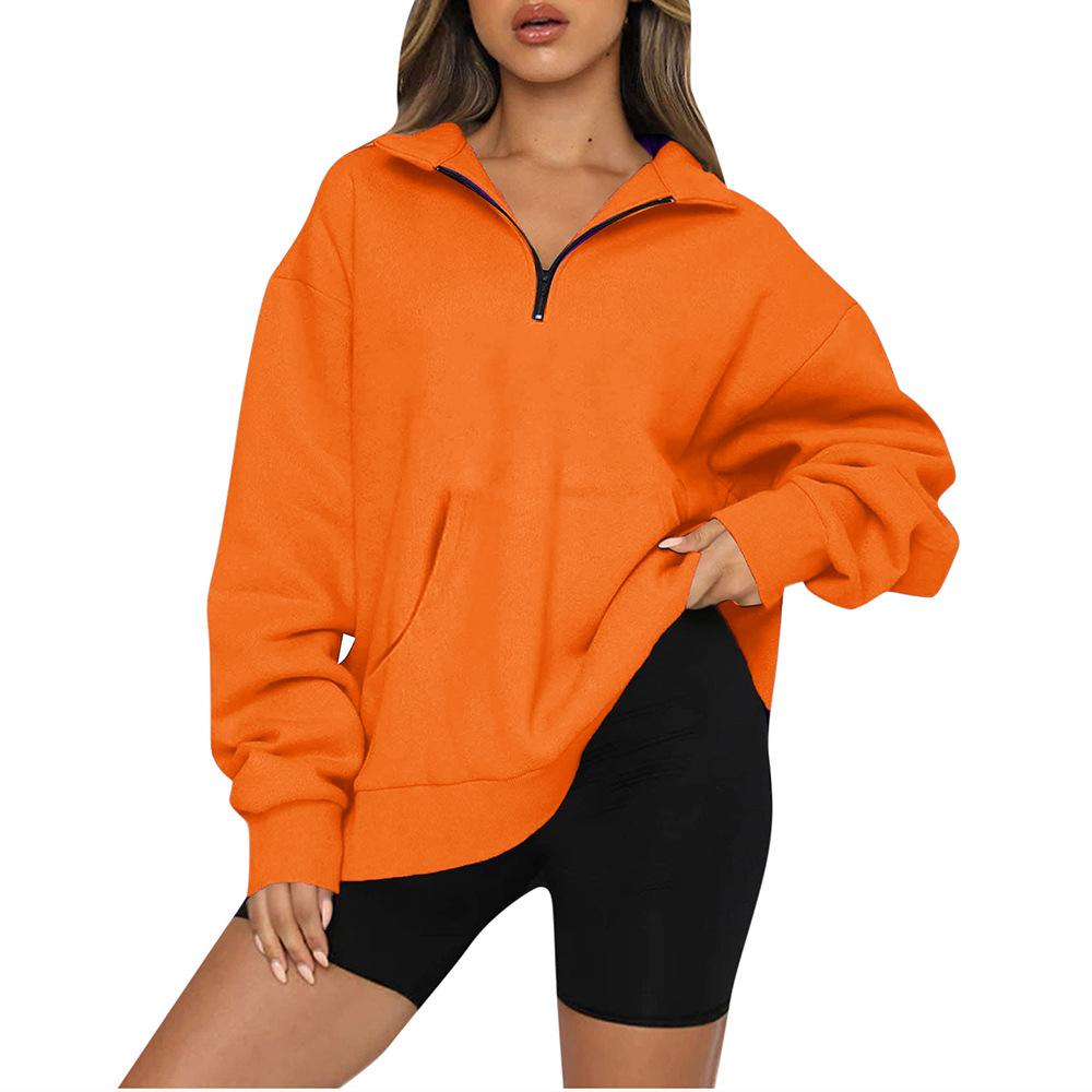 European and American Women's 2022 Autumn/Winter Pocket Half-Zip Long Sleeve Pullover Hoodie Sweatshirt