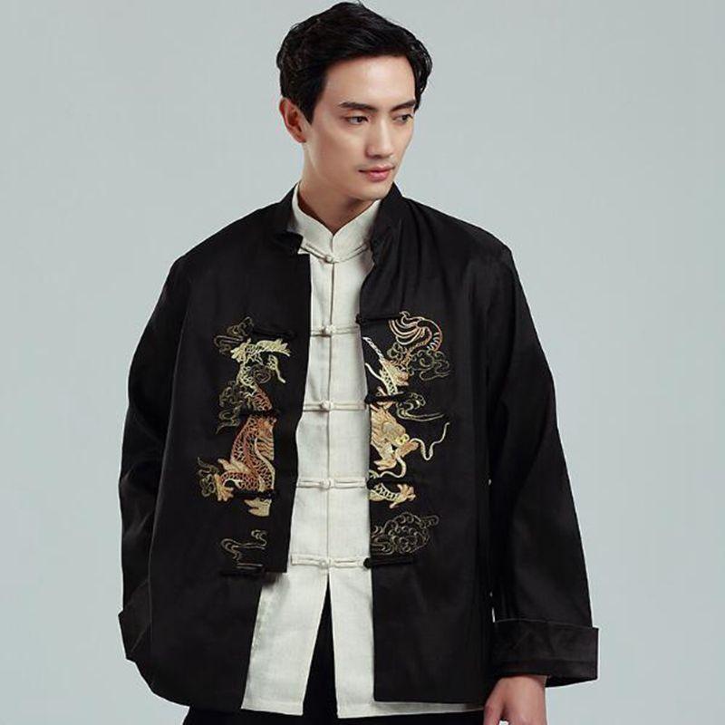 Spring and Autumn Men's Embroidered Tops Chinese Traditional Phoenix Printed Clothes Dragon Tang Suit Clothing Long Sleeve Jacket