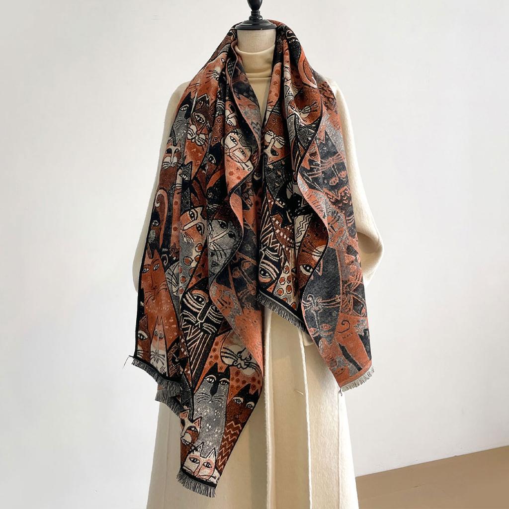 Luxury Winter Cashmere Colorful Kitten Design Scarf Women Warm Pashmina Blanket Poncho Scarves Female Oil painting Shawl Bufanda