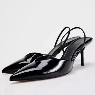 Sexy Patent Leather Black Office Lady Sandals Elegant Pointed Stilettos Concise Design  High Heeled Women Dress Shoes