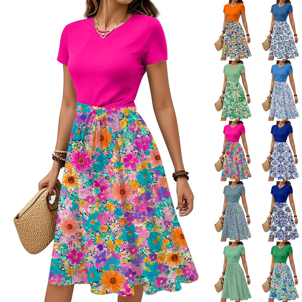 Women's Casual Fashion Belted Floral Print Short Sleeve Round Neck Elegant Dress