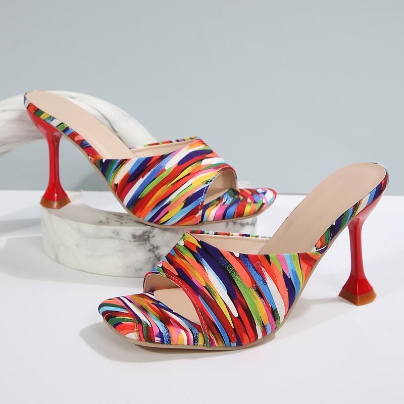 Fashion Plus Size Women's High Heels Summer New Fashion Square Toe Open Toe Color Block Pattern Pull-in Foot Non-Slip Stiletto Heels