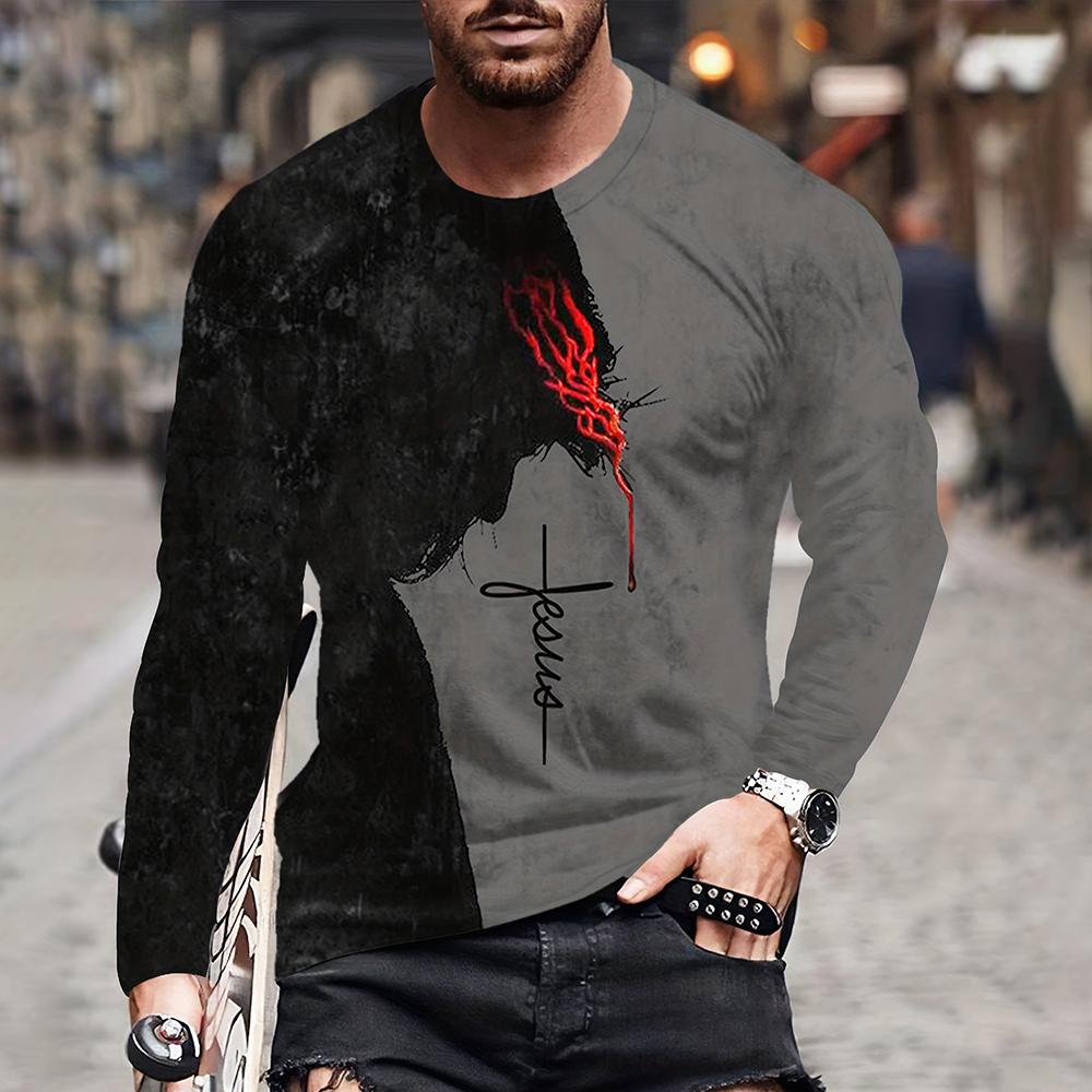Mens T Shirt Autumn Long Sleeve Top Lion Pattern Clothing Casual O Neck Oversized Cross Print Pullover Autumn Mens T Shirt