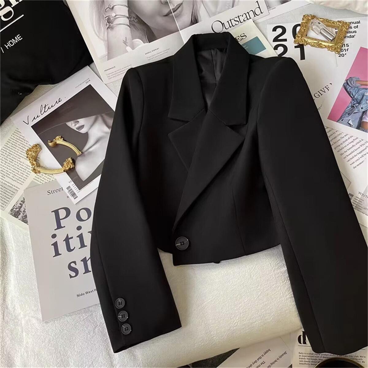 

Модные укороченные пиджаки, женские пиджаки с длинным рукавом, офисные женские уличные однотонные короткие пиджаки с одной пуговицей S чёрный