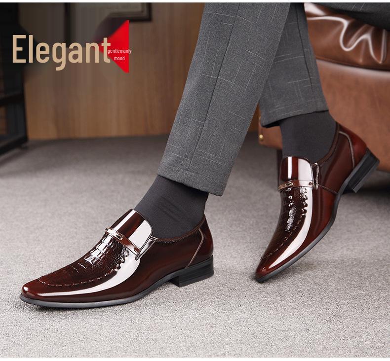 Men's Plus Size Crocodile Pattern Patent Leather Business Slip-On Shoes, Pointed Toe, Shiny Finish