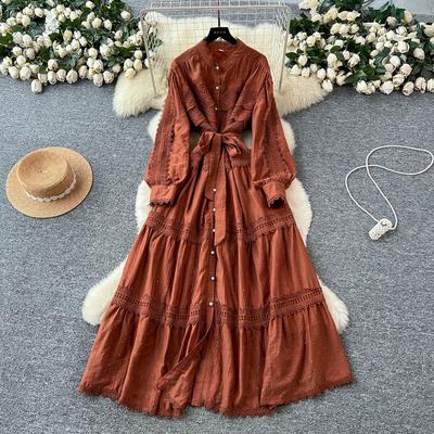 Robe Vintage Sexy Dentelle Lacée Pailletée A-line Manches Longues Chic Été Plage Vestidos Robes de Vacances Femmes
