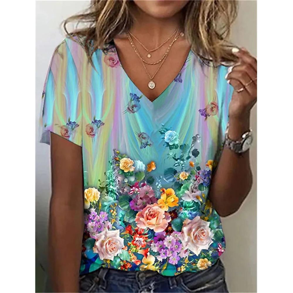 Flower Floral 3D Print T-Shirts Women Streetwear Summer Harajuku T Shirt Y2k Tops V-Neck Tees Woman Female Oversized Clothing