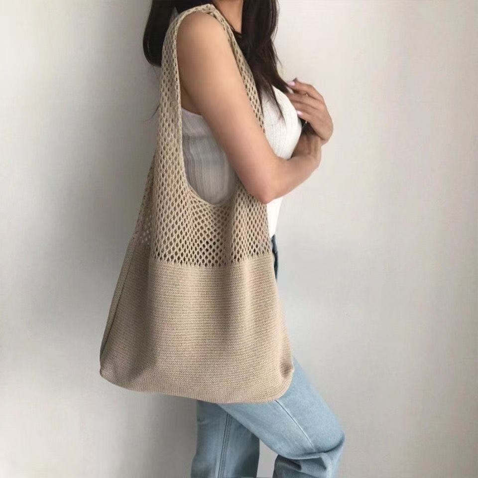 Vintage wool woven shoulder bag bag large capacity beach bag shopping bag women's knitted tote bag portable