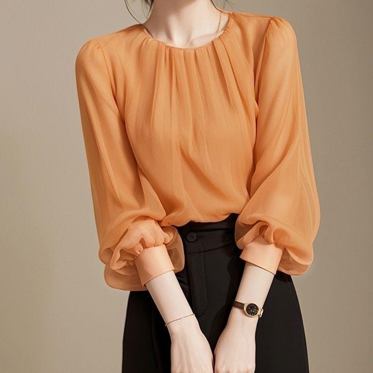 Early Autumn French High-End Super Nice Loose Chiffon Pullover Long Sleeve Shirt Women's Top Blouse