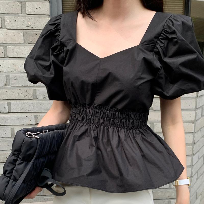 Koreanisches Sommer Puffärmel Quadratkragen Slim Fit Hemd für Damen