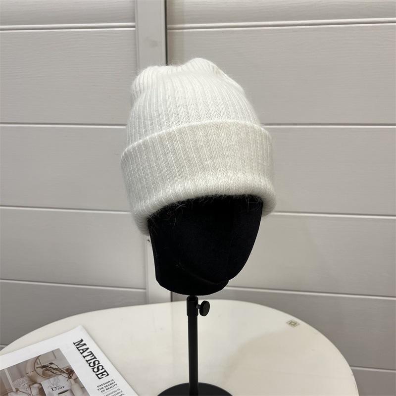 Angora Rabbit Hair Curled Brimless Wool Hat Women Autumn and Winter Warm Striped Fashion Knitted Pullover Cold Hat