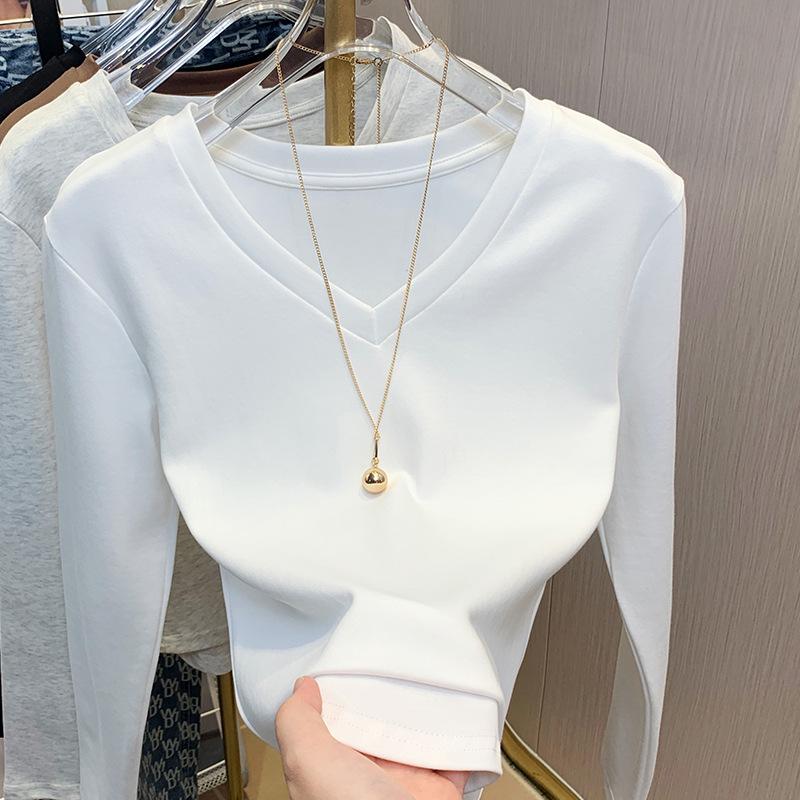 White V-neck Base Top for Women In Spring and Summer Long-sleeved T-shirt Updated Slim Fit and Slim Top