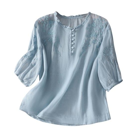 

Женская блузка с вышивкой, цветочная, с рукавами 3/4, пышными рукавами, свободного кроя, пуловер, закругленный нижний край, повседневная, летняя, дышащая, для ежедневной носки M светло-синий