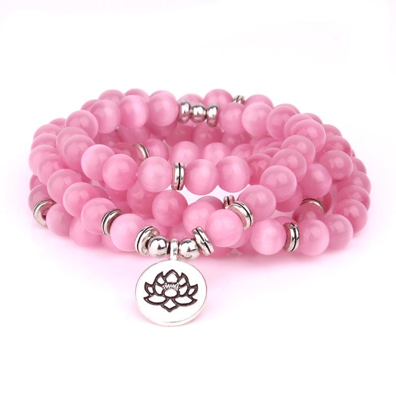 European Pink Cat Eye Beaded Triple-Circle Lotus Pendant Bracelet - Fresh Style Jewelry