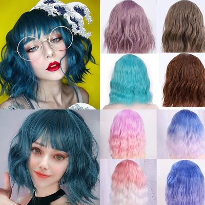 Kurze synthetische Ombre-blonde Perücken, gewellte Bob-Perücke mit Luftknallen, synthetische lockige Pastell-Bob-Perücke für Mädchen, bunt, Cosplay W