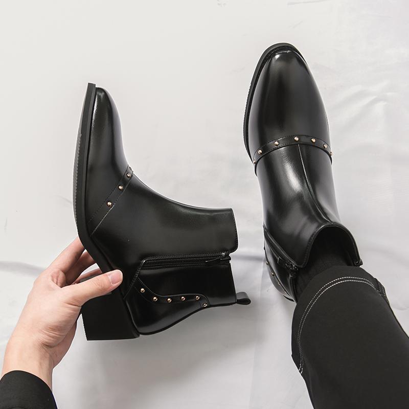 Men’s Short Boots Elevator Chelsea Boots Retro Tuxedo Ankle Boots Pointed Toe Retro Black Heel Boots Large Size