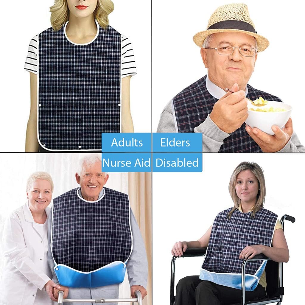 CUREPACK Adults Bibs Dining Bibs Washable Bibs for Elderly and Disabled, Leakproof and Reusable - Checkered Pattern (Dark Blue)
