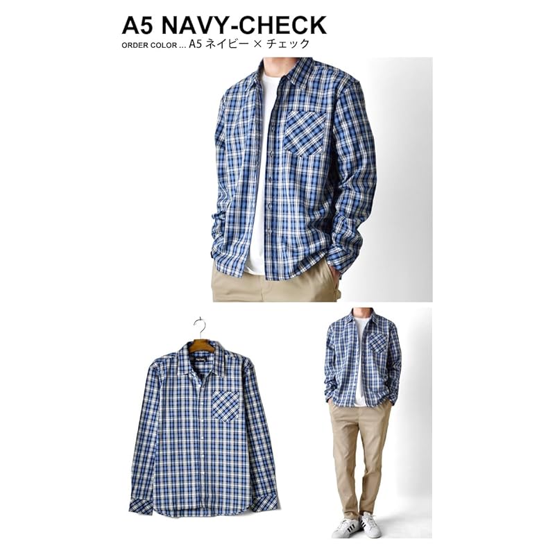 (Arona) ARONA check shirt long sleeve shirt men's With pocket Cotton/Y A25 navy x stripe 3L