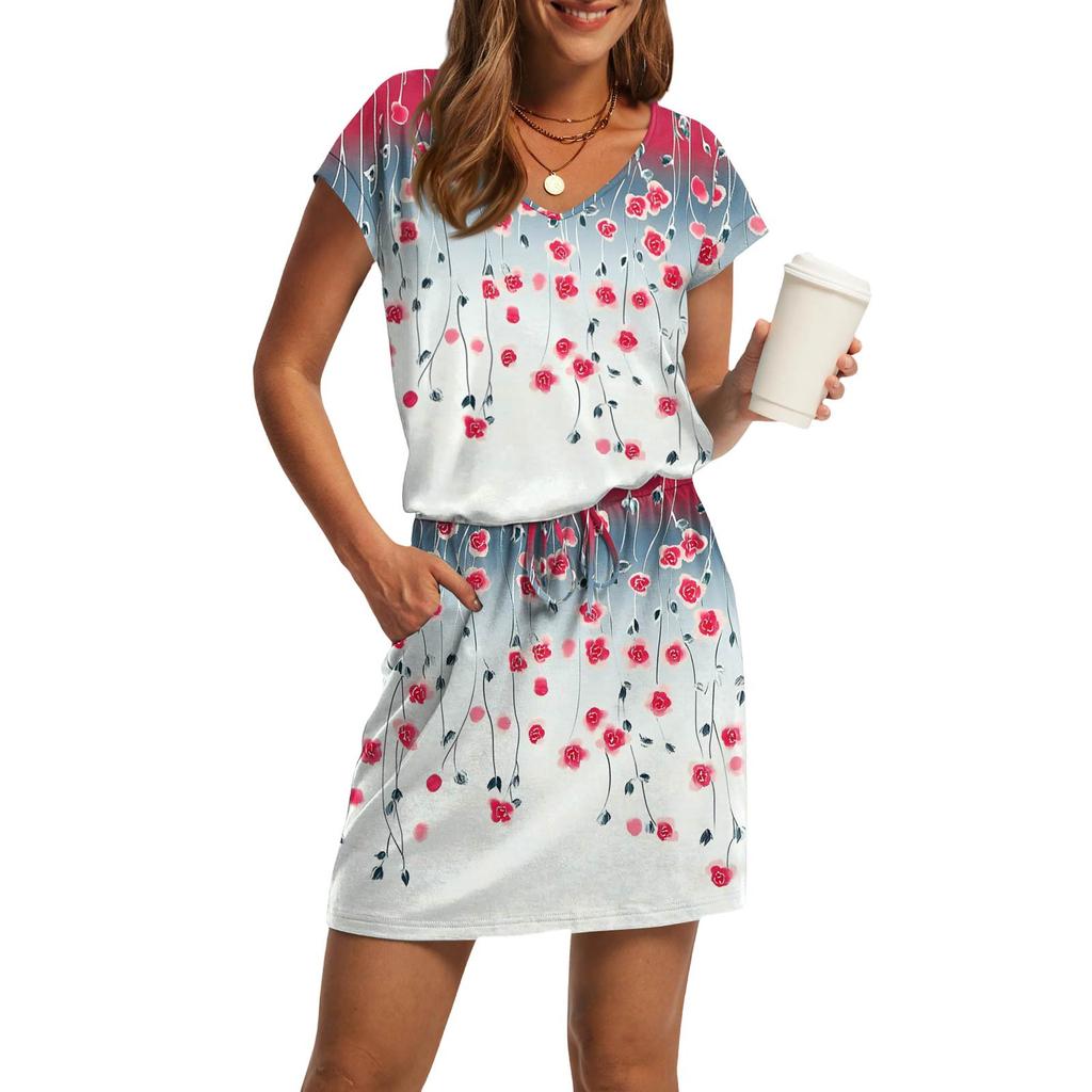 Women's Fashion V-Neck Short Sleeve Drawstring With Pocket Printed Casual Dresses