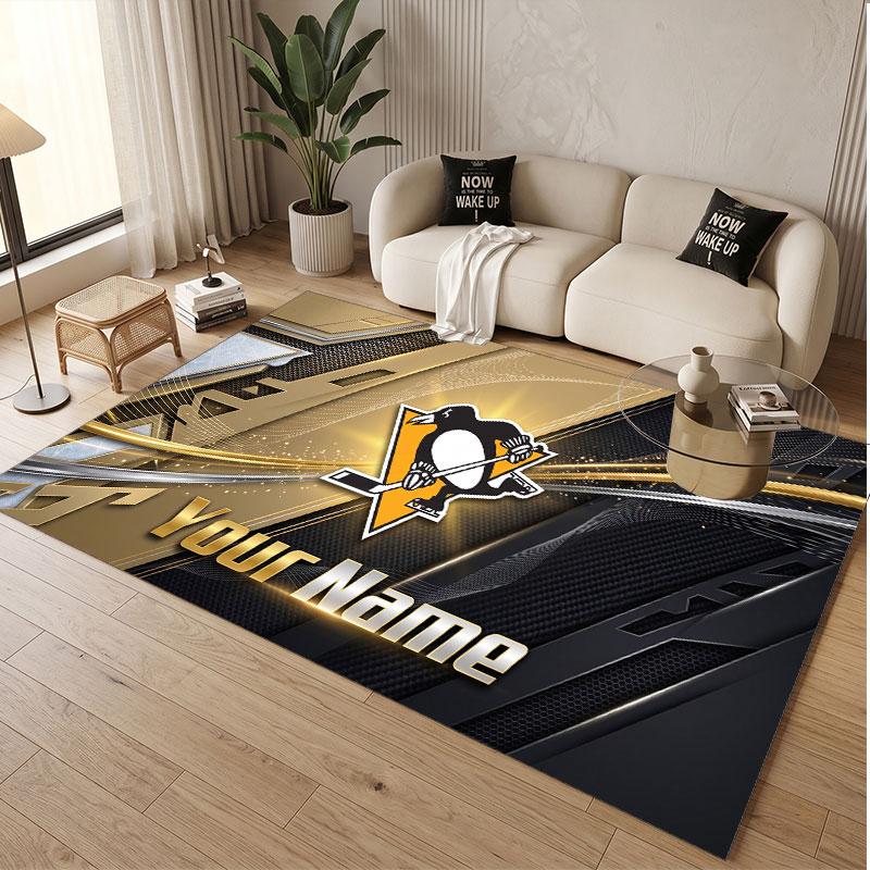 Custom Rug Pittsburgh Penguins Pattern Print Name Text Soft Non‑Slip Floor Carpet for Home Indoor Decoration