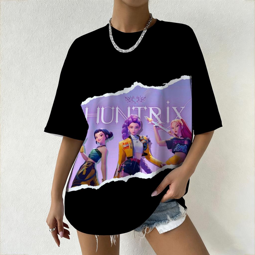 Women's Oversized T-Shirt with KPop Demon Hunters Animated Characters & Derpy Print T-shirt for Casual Daily Wear&K-pop Fans