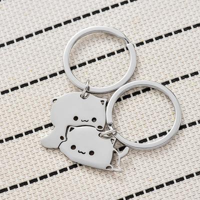 1 adet sevimli karikatür kedi anahtarlık çift severler paslanmaz çelik eşleşen anahtarlık kolye anahtarlık sevgililer günü hediyesi takı