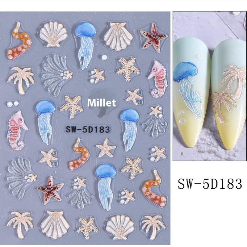 Jellyfish Summer Beach Nail Stickers Colorful Shell Starfish Conch Fish Adhesive Sliders Embossed Decals Manicure Foils Decor