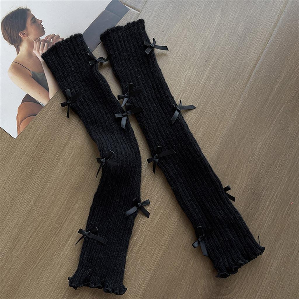 Sweet Girls Leg Warmers Women Ribbed Knit Foot Covers Elegant Bowknot Ruffled Trim Boot Cuffs Footless Long Calf Socks