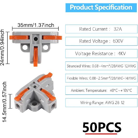 50PCS Lever Wire Connectors, T Shape Out Quick Wire Connectors, Electrical Lever Nuts Wire Connectors Push-in Conductor Terminal Block AWG 28-12