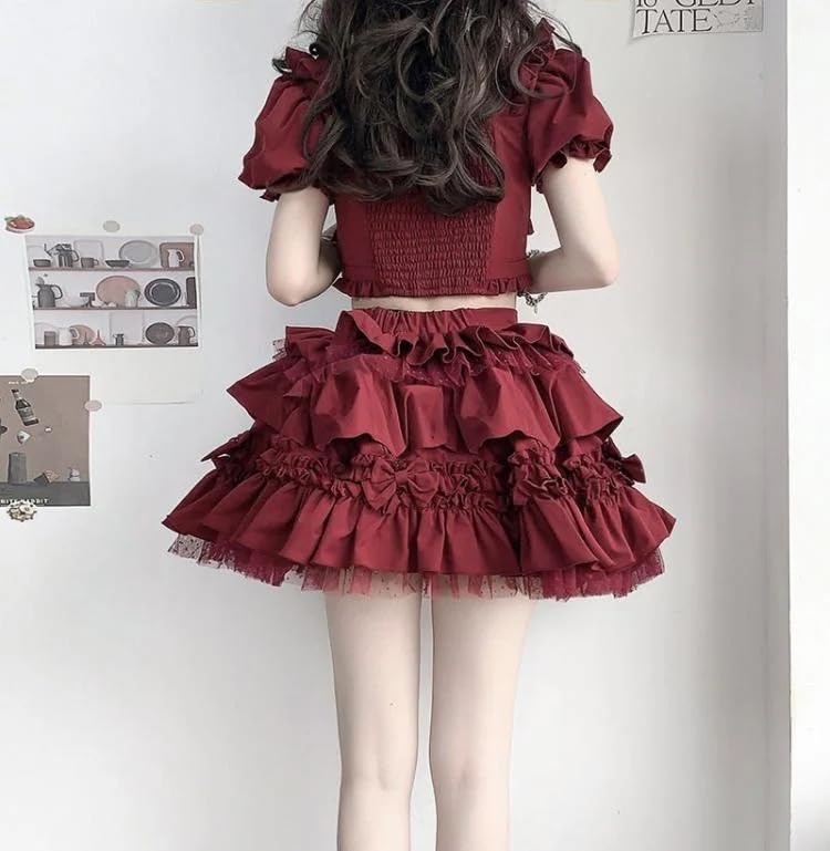 SUNNYSTEP Cosplay Lolita Plus Sizes Idol Mini Short Gothic Stage Includes Set Costume, (S-6L), Gothic, Black, Red, Style, Ruffles, Ribbon, Length,