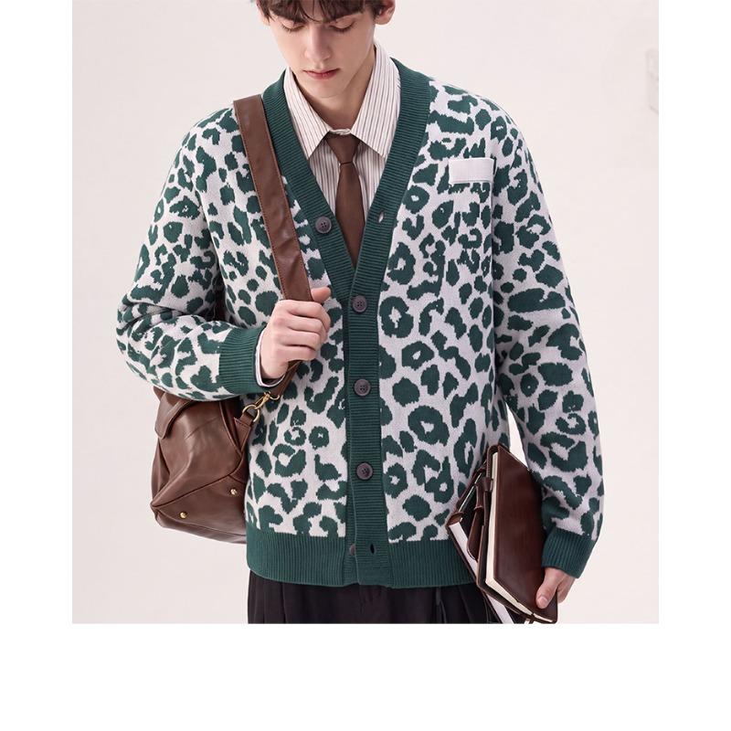 Men V Neck Button Down Leopard Print Knit Cardigan