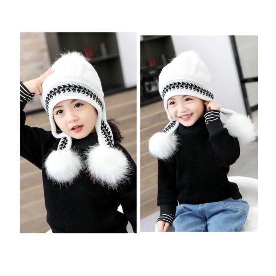 3-12 Years Autumn Winter Kids Beanie Hairball Solid Color Thickened Fleece Lined Jacquard Baby Girls Knitted Hat for Outdoor