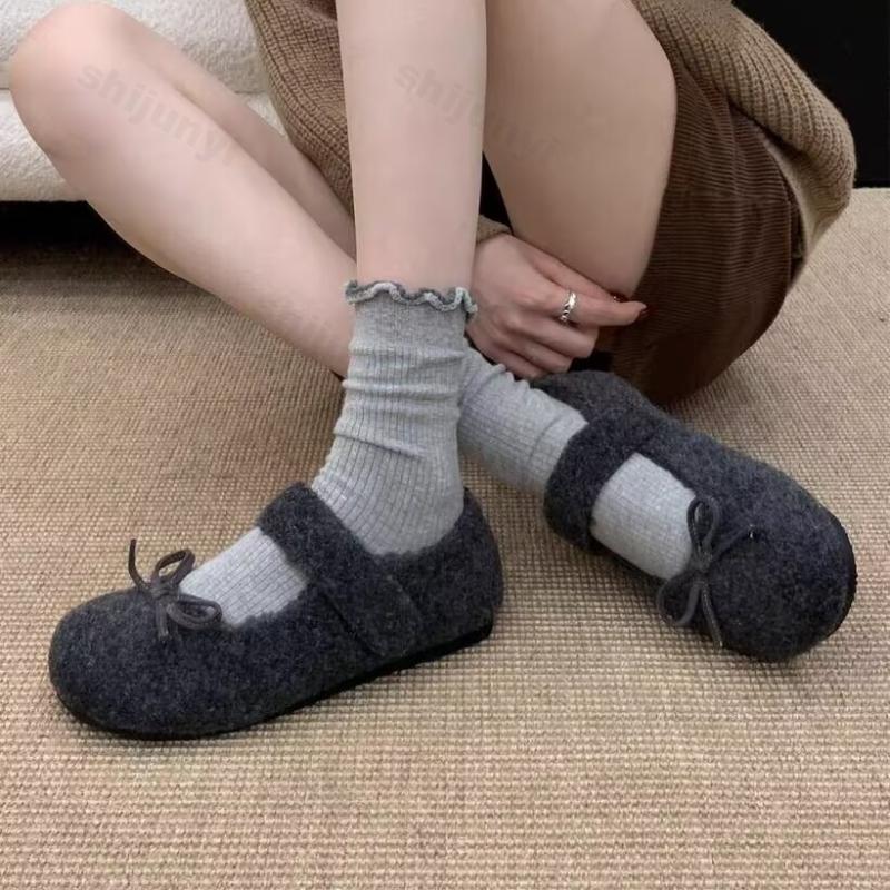 Women's Mary Jane Shoes 2025 Winter New Outdoor Bow Knot Plush Casual Shoes Lightweight Comfort Soft Sole Non Slip Flats
