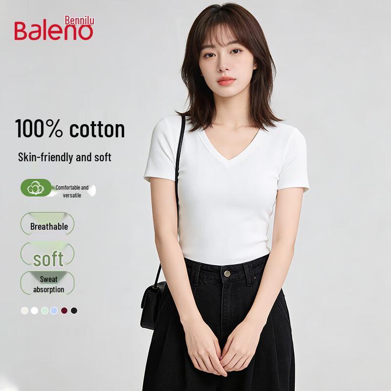 Baleno Women s Basic Pure Color V-Neck Short Sleeve T-Shirt S