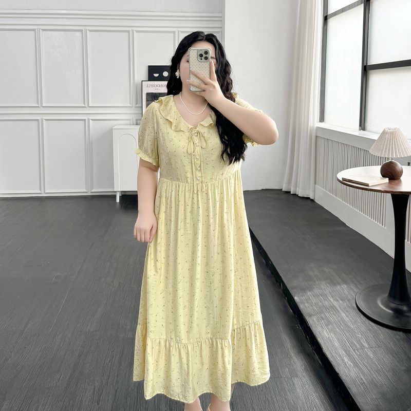

Plus size women clothing [French style Vacation Floral Skirt] Summer Chubby Girl Short sleeve Slimming High Waist French style Dress Goose yellow 8xl