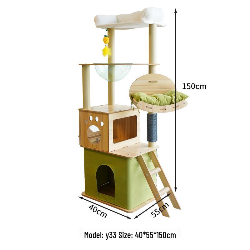 Large Wooden Cat Tree & Scratching Post with Space-Saving Design - Integrated Climbing Frame & House