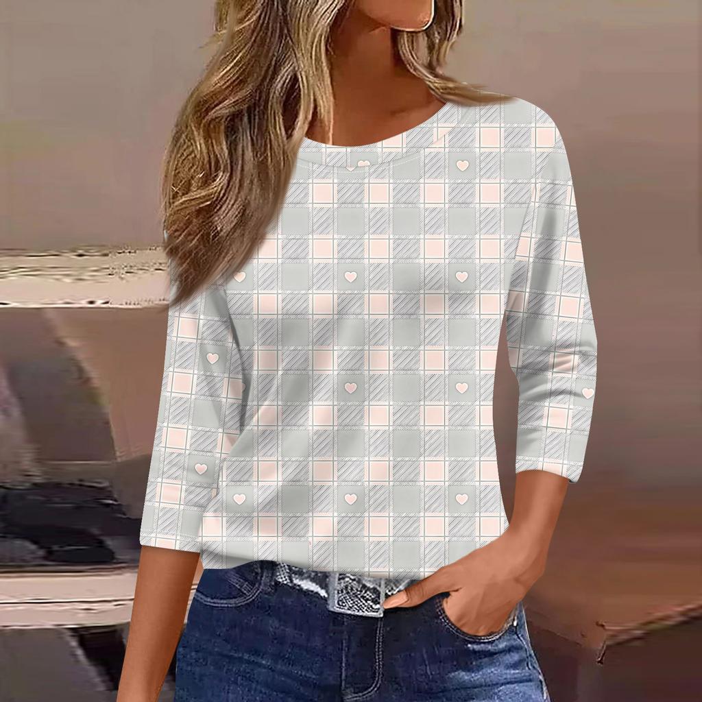Women's Fashionable Casual Three Quarter Sleeve Printed Round Neck Top