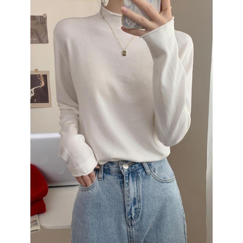 Spring black sweater women's high-end crimped inside knitted top semi-turtleneck temperament versatile bottoming shirt